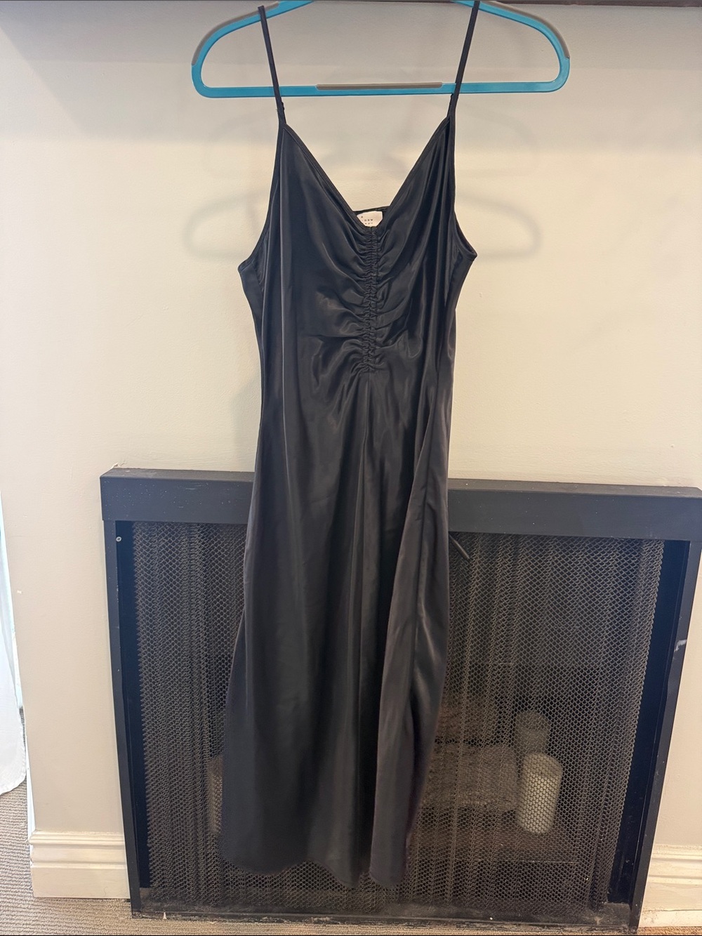 Midi Black Spaghetti-Strap Slip Dress with Ruched Front